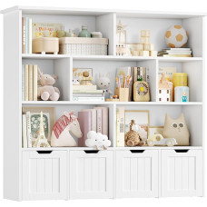 FOREHILL Children's Shelf with Boxes on Wheels, Children's Bookcase with 4 Levels, Children's Room Furniture, Toy Regulator, Storage Shelf, Bookcase for Children, Children's Cabinet, Shelf, White, 125.5 x 33 x 118 cm