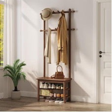 AQIMUELE 3 in 1 dizaino 11 kabliukų kabykla su batų suoliuku riešutmedžio rudos spalvos 30 x 60 x 170 cm