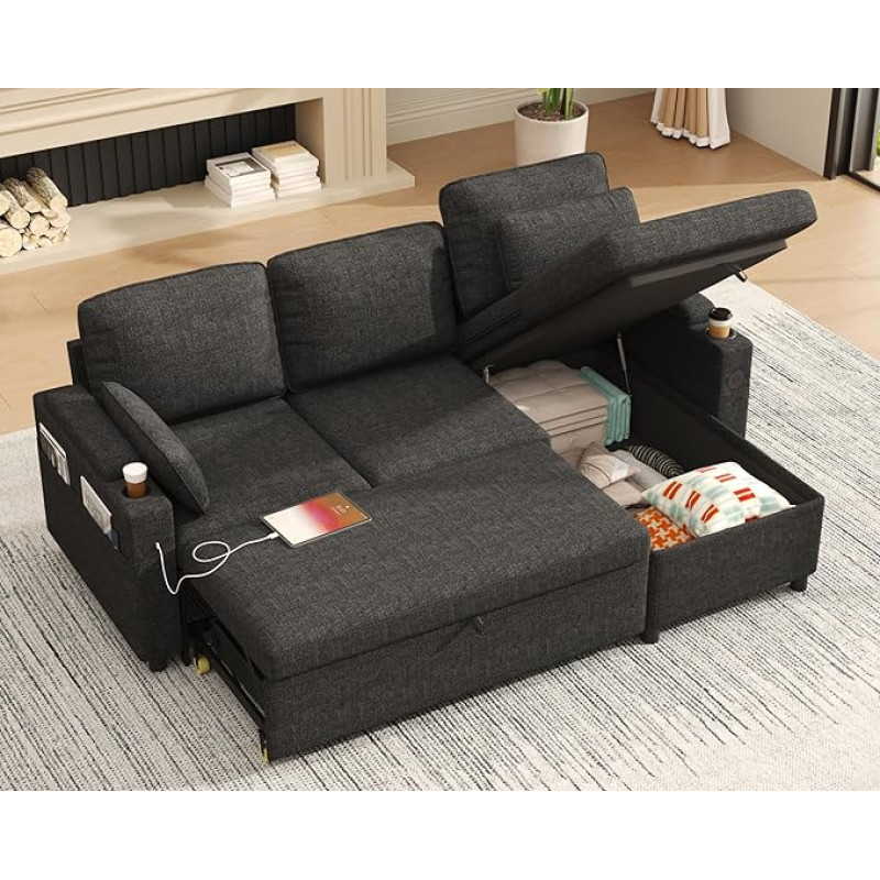 DURASPACE Sofa lova Išskleidžiamoji 2-in-1 sekcinė sofa lova Sofos su saugykla, USB, puodelio laikikliu, ištraukiamos sekcinės sofos namams, svetainei (tamsiai pilka)