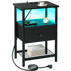 AMHANCIBLE Naktinis staliukas su įkrovimo funkcija ir LED lemputėmis, šoninis staliukas su medžiaginiais stalčiais, 3 pakopų sofos staliukas su atvira lentyna, naktinė spintelė miegamajam, svetainei, juoda EHETS01BK-1