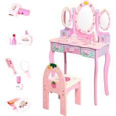 MAGIC SELECT vaikiškas medinis tualetinis staliukas su taburete ir stalčiais. Mergaitėms skirtas tualetinio staliuko ir kėdutės rinkinys su priedais ir sulankstomu veidrodžiu nuo 3 metų