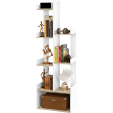EUGAD medžio formos knygų spinta, lentyna, stovinti lentyna, knygų spinta su 8 skyriais, knygoms, CD, DVD, su galinėmis sienelėmis, skirta svetainei, biurui, pagaminta iš medžio medžiagos, 49 x 146 x 25 cm, balta, šviesus ąžuolas
