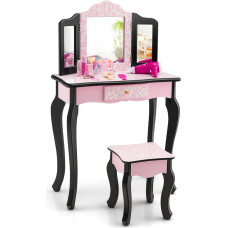 GOPLUS vaikiškas tualetinis staliukas su veidrodžiu, nuimama lėkštė, vaikiškas tualetinis staliukas su stalčiumi ir kėde, kosmetikos staliukas mergaitėms (rožinis leopardas)