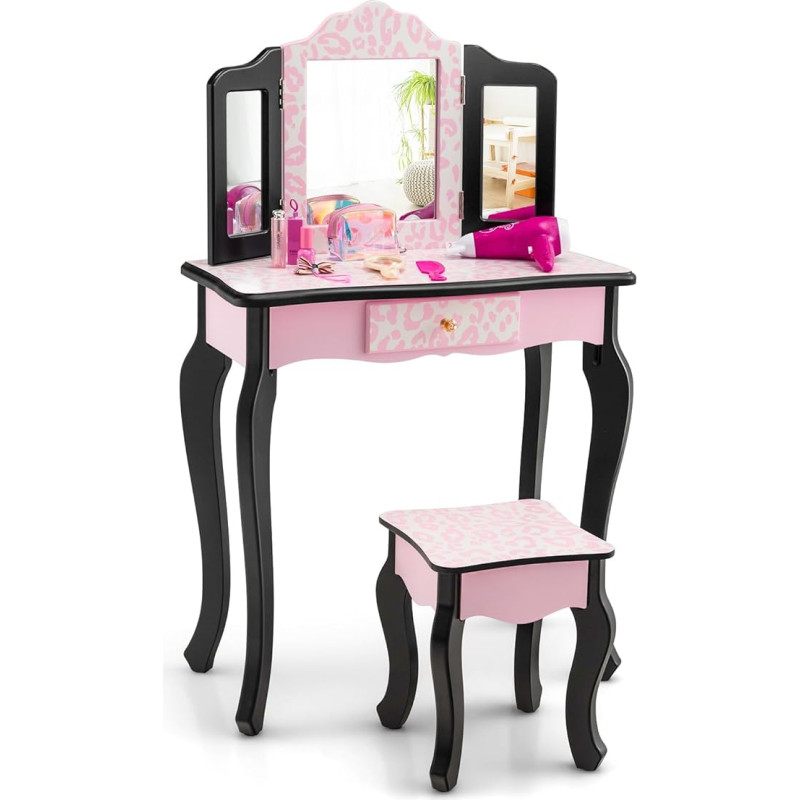 GOPLUS vaikiškas tualetinis staliukas su veidrodžiu, nuimama lėkštė, vaikiškas tualetinis staliukas su stalčiumi ir kėde, kosmetikos staliukas mergaitėms (rožinis leopardas)