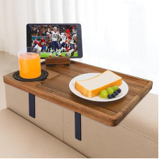 Couch-Armlehnentisch, Akazienholz, Sofa-Armtablett mit verstellbarer Metallklemme, Sofa-TV-Tablett mit drehbarer Handyhalterung für Snacks, Getränke-Fernbedienungen, inklusive dunkelgrauem