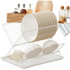Compact Dish Dryer, Foldable Dish Dryer, 2-Tier Dish Drainer for Kitchen Counter, Removable Water Catcher Tray, Clothes Airer for Kitchen, Foldable for Cutlery,