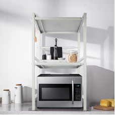 BUTUN Microwave Shelf, Oven Rack, 2-Layer Expandable Microwave Stand, Microwave Holder Organiser, Kitchen Shelf Standing, Worktop Kitchen with Hooks (White)