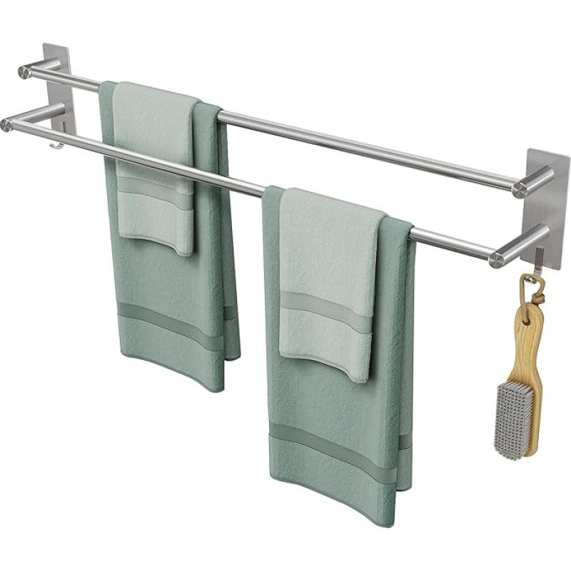 JS SUS304 rankšluosčių bėgis be gręžimo Nerūdijančio plieno rankšluosčių bėgių siena 80 cm dvigubo bėgio rankšluosčių stovas su 2 kabliukais, daugiafunkcinis vonios rankšluosčių laikiklis Vonios kambarys lipnus