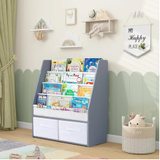 MALLBEST Bookshelf Kids Sling Book Rack with Two Storage Boxes and Toys Organiser Shelves Natural Solid Wood Baby Book Case (GY)