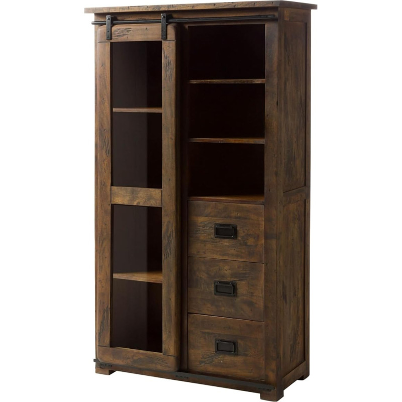 MASSIVMOEBEL24.DE Geležinkelio masyvo vitrina Ruda alyvuota mango mediena 3 stalčiai 1 stiklinės stumdomos durys 7 lentynos 100 x 45 x 175 cm Knygų spinta Medinė vitrina Stovinti vitrina