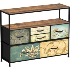 VEDECASA Komoda su 6 stalčiais, pagamintais iš audinio, bohemiškas tualetinis staliukas, TV spintelės stovas miegamajame, staliukas su mediniu viršumi, medžiaginiais stalčiais, metaliniu rėmu svetainėje, miegamajame, prieškambaryje