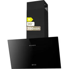 EVVO dekoratyvinis gartraukis 60 cm našumas 350 m3/h 3 sluoksnių aliuminio ir aktyvuotos anglies filtras LED apšvietimas 3 greičių energijos vartojimo efektyvumas B stiklo apdaila Juoda