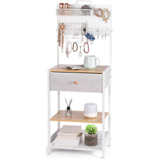 Naktinis staliukas su papuošalų stoveliu, naktinė spintelė su medžiaginiu stalčiumi ir 3 pakopų saugykla, modernus staliukas svetainei, miegamajam, natūralus/baltas