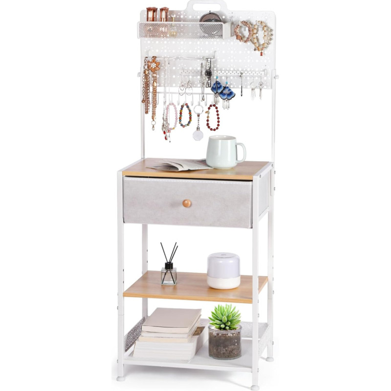 Naktinis staliukas su papuošalų stoveliu, naktinė spintelė su medžiaginiu stalčiumi ir 3 pakopų saugykla, modernus staliukas svetainei, miegamajam, natūralus/baltas