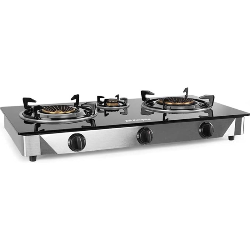 Orbegozo FO 3520 - Gas Stove, Two Burners with Triple Crown, Butane or Propane, Piezo Ignition, Tempered Glass Surface, Stainless Steel Housing