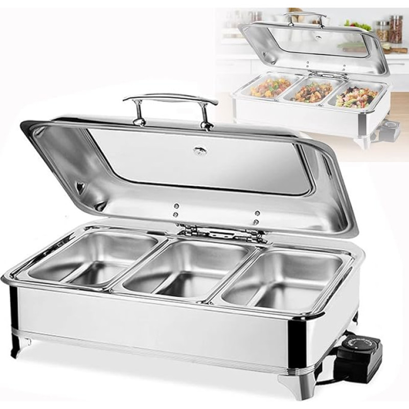 RSHJD Stainless Steel Food Warmer Warming Container, Electric Chafing Dish with Lid, Buffet Warmer for Weddings, Parties, Banquets, Catering, GN 1/1, 1/2, 1/3 en Option, 9L Capacity