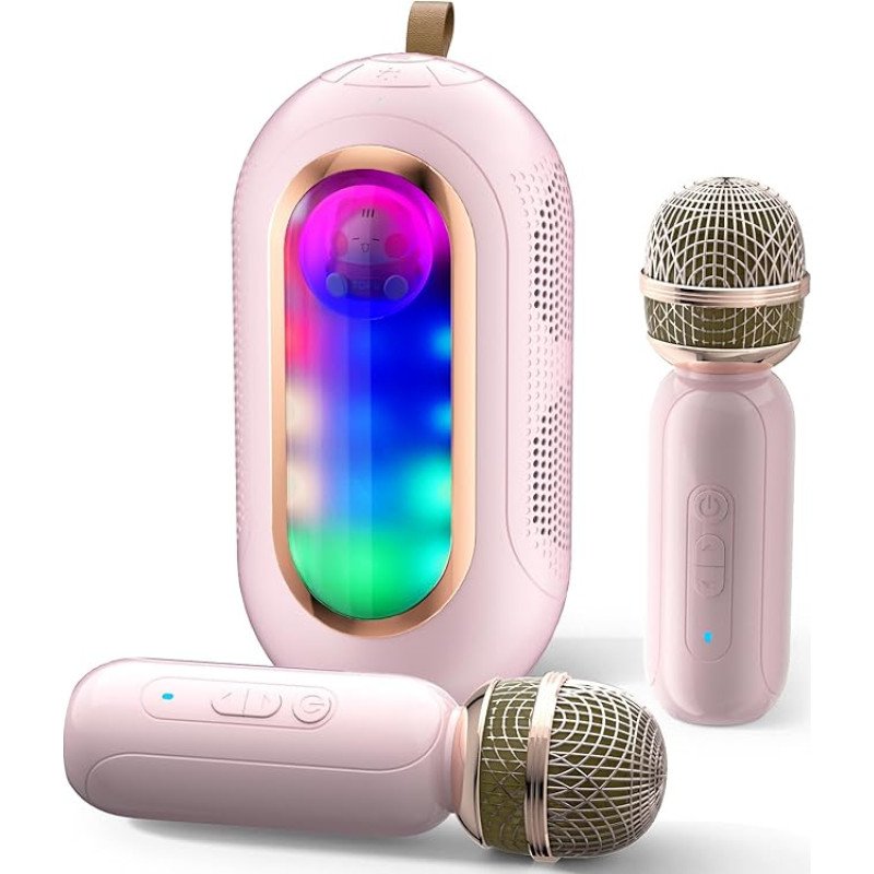 ICARERSPACE Karaoke Machine with 2 Wireless Microphones, Portable Bluetooth Karaoke with 5 Different Sound Effects and Light Effects, Karaoke Machine for Children or Adults - Pink