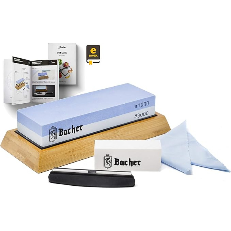 Bacher Premium Sharpening Stone Double-Sided Grit 1000/3000 Whetstone Whetstone Sharpening Stones Knife Sharpener Water Stone with Non-Slip Bamboo Block, Lapping Stone, Grinding Aid and Detailed eBook