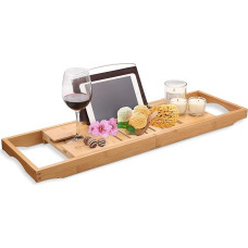 HEIMWERT Bathtub Tray, Bath Tray, Extra Large and Extendible Bath Tray, Table and Breakfast Tray, Accessories Made of Bamboo Wood for Bed, Bathtub Tray, Bath Shelves