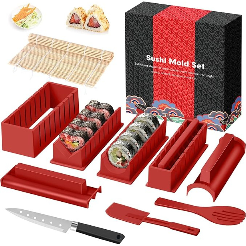 SKYSER Sushi Maker Set, 12 Items Sushi Maker Kit for Beginners to Make Yourself, Can Be Used as Sushi Plate with Sushi Rice Roll Form Moulds, Sushi Knife, Sushi Rolling Mat (Red)