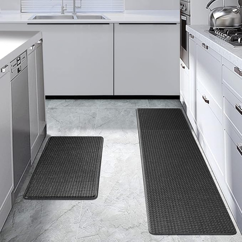 GUSUWU Kitchen Floor Mat Set, Kitchen Floor Mats, Kitchen Runner, Washable Non-Slip Rug Runner, Dustproof Door Mat (2 Pieces, Black, 44 x 75 cm + 44 x 150 cm)