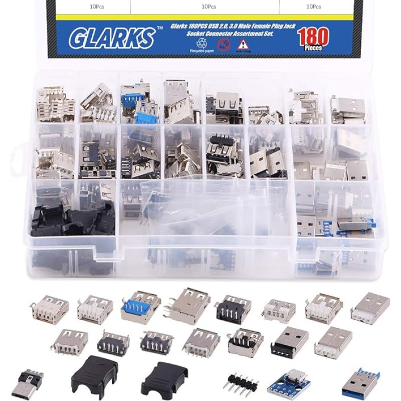 Glarks 180 Pieces Micro Sockets USB 2.0 3.0 Type A Male Female Plug Connector Jack Solder USB Repair Replacement Adapter Assortment Set