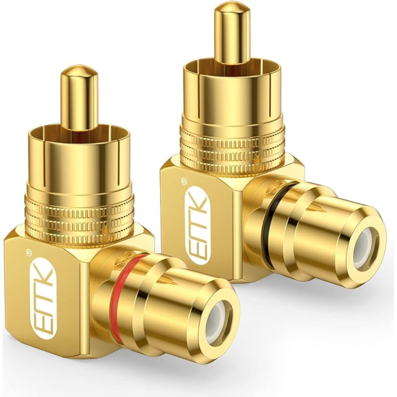 EMK 90 Degree RCA Adapter Pack of 2 RCA Male to Female Right Angle Adapter Gold Plated Connector for Home Theater, HDTV, Amplifier, HiFi Systems