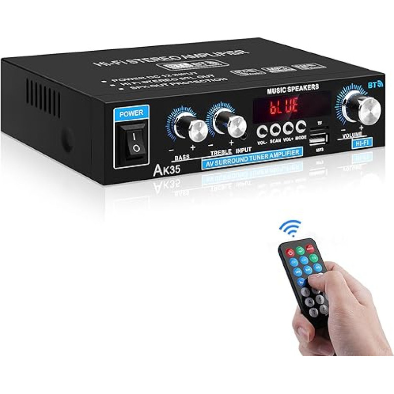 HiFi Stereo Audio Amplifier AK35 Bluetooth 5.0 Digital Mini Amplifier RMS 2.0 Channel 30W x 2 HiFi Power Amplifier with Bass & Treble Tuner for Home Speakers