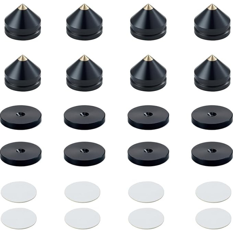 Pailvens Speaker Spikes Set of 8, Speaker Feet Made of Aluminium Alloy, Subwoofer Feet with 16 x Adhesive Pads, Speaker Stand for HiFi Speakers, CD DVD Player, Black