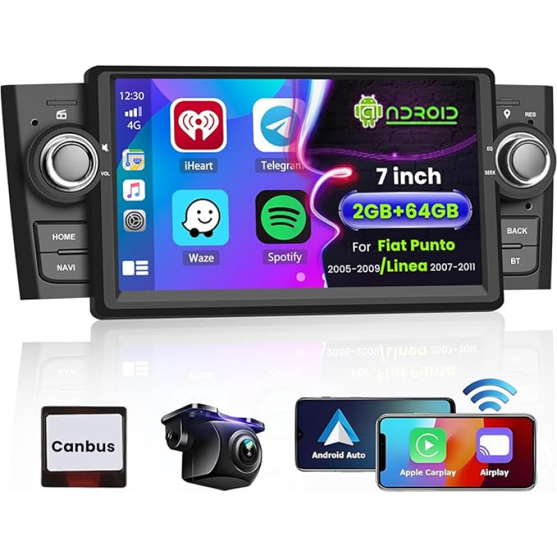 Hikity Wireless Carplay Car Radio with Sat Nav for Fiat Punto 2005-2009 Linea 2007-2011 Android13 7 Inch 2G 64G Car Radio Stereo with Bluetooth WiFi FM RDS Mirror Link Android Car SWC MIC Rear View