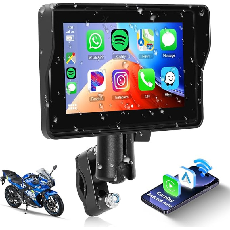 Hodozzy Carplay Screen for Motorcycle, Wireless CarPlay Android Car Display for Motorcycle, 5 Inch Waterproof Touchscreen with Dual Bluetooth GPS Navigation Mirror Link EQ/TF/Voice Control