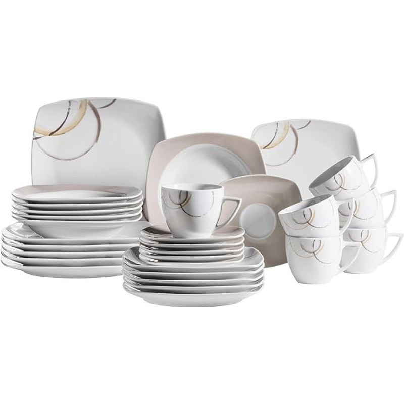 Mäser 931207 NELA indų rinkinys 30 dalių balto porceliano pietų rinkinys 6 asmenims su rudu raštu Kavos puodelis, lėkštė, desertinė lėkštė, balta / ruda spalva