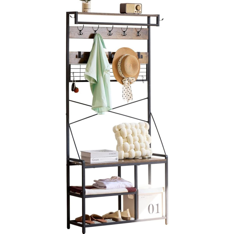 CHOSHOME Drabužių stovas su suoliuku, drabužių stovas su 15 kabliukų ir 2 šoniniais kabliukais, 83 x 29 x 180 cm, viršutinė lentyna, senovinė ruda/juoda spalva, skirtas prieškambariui, svetainei, įėjimams