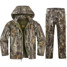 NewView Silent Camo Vyriška vilnonė medžioklinė striukė ir kelnės elnių medžioklei, šiltos ir atsparios vandeniui