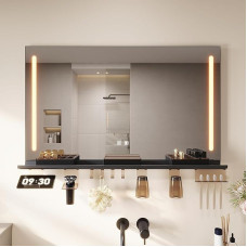 SONNI Bathroom Mirror with Lighting 100 x 60 cm, LED Bathroom Mirror with Shelf 100 cm, 3 Adjustable Light Colours, Anti-Fog Wall Mirror with Touch Switch