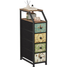 VEDECASA Fabric Chest of Drawers with 4 Drawers Tall Narrow Chest of Drawers Narrow Storage Cabinet with Top Shelf Vintage Floral Motif for Hallway Bedroom Living Room Sturdy Steel Frame Wooden Top