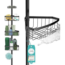 Teleskopinė dušo lentyna juoda su triguba apsauga nuo rūdžių (2.0 versija) - stabili ir lanksti 105-270 cm teleskopinė dušo lentyna be gręžimo - teleskopinė lentyna vonios kambaryje su 4 krepšeliais - spaustuvo lentyna dušui ir voniai