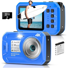 Underwater Camera 4K UHD, 64MP Autofocus Digital Camera Waterproof with 32GB Card, IP68 & 16FT Underwater Camera with IPS HD Screens, 16X Floating Digital Zoom, Brightening Light, for Snorkelling