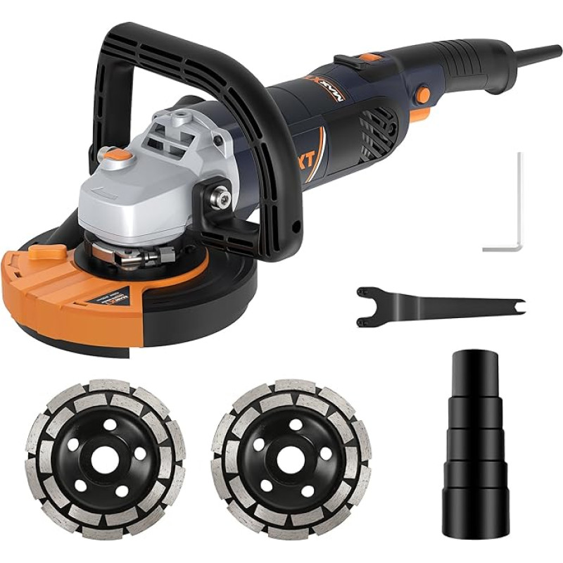 MAXXT 1500W betono šlifuoklis kampinis šlifuoklis bešepetėlinis EC variklio šlifuoklis su 5 colių padu, 1000-8500 aps/min, 7 lygių greičio reguliavimas, nuimama apsauga (įskaitant 2 deimantinius šlifavimo diskus)
