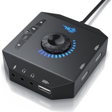 CSL - USB Sound Card External - Sound Card with Volume Control USB Hub - Connection for Headset Headphones Microphone - Equaliser - Control of an Audio Player - Black