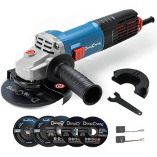 DongCheng kampinis šlifuoklis 1100 W, 125 mm, tuščiąja eiga: 11 800 min-1, greitai nuimamas dangtelis, papildoma rankena, su 2 šlifavimo diskais, 2 šlifavimo diskais, 2 pjovimo diskais
