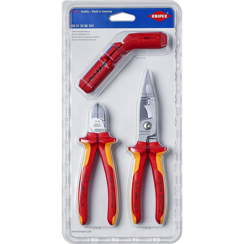 KNIPEX elektros instaliacijos rinkinys 1 x 13 86 200, 1 x 16 95 01 SB, 1 x 70 06 160, supakuotas į lizdinę pakuotę, 00 31 30 BK V01