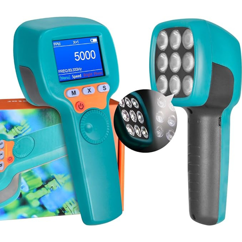 Skaitmeninis rankinis stroboskopas 60-99999 FPM, nekontaktinis LED stroboskopas YF-DT100B, 1500 liuksų stroboskopinis greičio matuoklis su spalvotu LCD ekranu, stroboskopinis greičio matuoklis su 2200 mAh baterija
