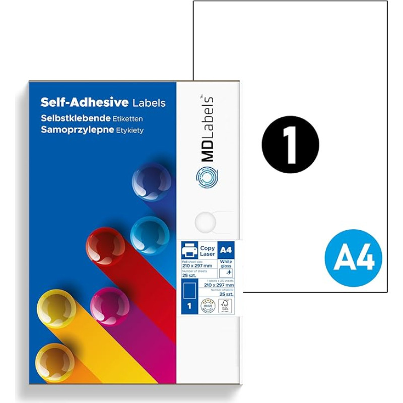 Oro sąlygoms atsparios plėvelės etiketės DIN A4 210 x 297 mm 25 etiketės 25 lapuose - baltos spalvos - spausdinamos lazeriniais spausdintuvais - lipnios etiketės - plėvelės lipdukai