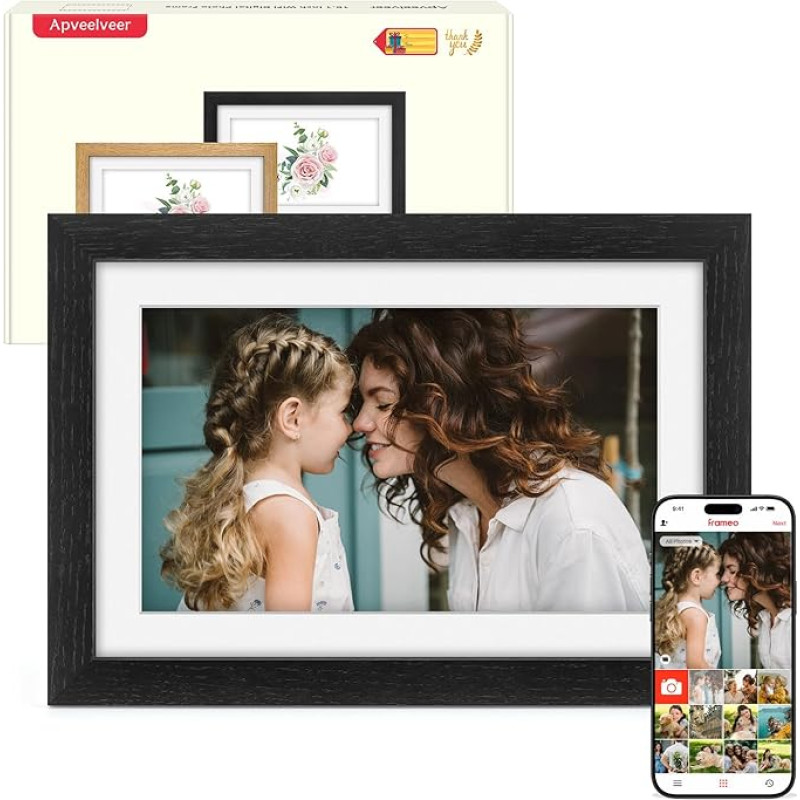 Skaitmeninis nuotraukų rėmelis Wood WiFi, 10,1 colio elektroninis nuotraukų rėmelis, 32 GB atminties, 1280 x 800 IPS jutiklinis ekranas, automatinis pasukimas, galimybė akimirksniu dalytis nuotraukomis ir vaizdo įrašais per 