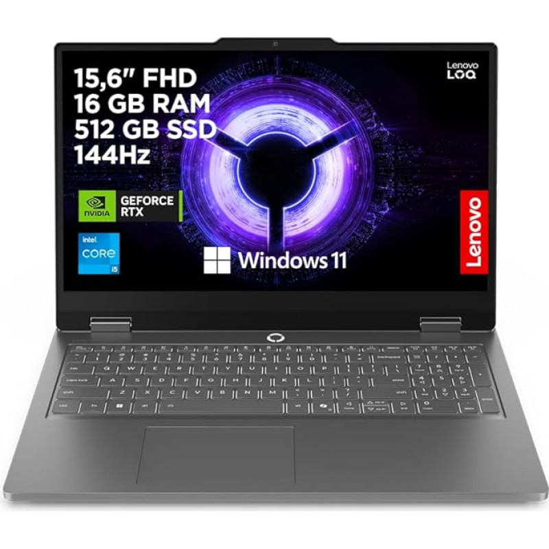 Lenovo LOQ Essential Gaming AI Laptop | 15,6 colių FHD 144Hz | NVIDIA GeForce RTX 5050 | Intel Core i5-13450HX | 16GB RAM | 512GB SSD | Windows 11 | QWERTZ | White Illuminated | Grey | 3 mėnesių Game Pass