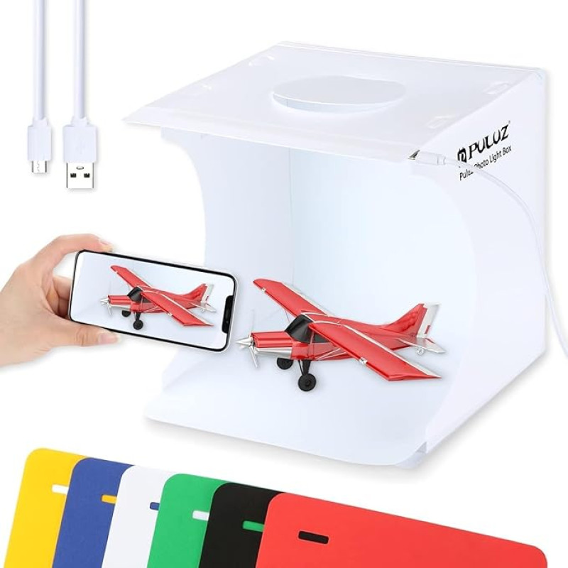 Mini fotostudijos dėžutė, PULUZ 20 cm nešiojamos fotografijos fotografavimo šviesos palapinės komplektas, baltas sulankstomas apšvietimo softboxas su 20 LED žibintų + 6 fonai produktų rodymui
