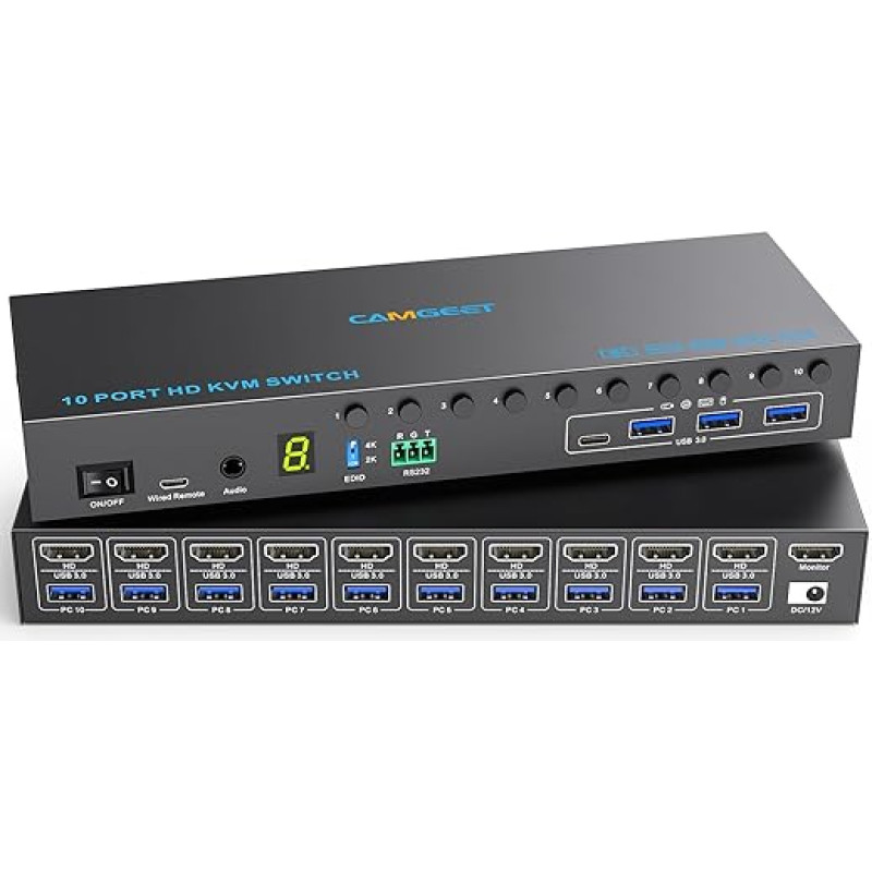 10 prievadų 8 prievadų KVM jungiklis HDMI 4K@60Hz EDID imitacija, USB 3.0 HDMI KVM jungikliai, skirti 10 kompiuterių, 1 monitoriui ir 4 USB įrenginiams, KVM jungiklis su garso RS232 laidiniu nuotolinio valdymo pultu ir 10 USB kabelių