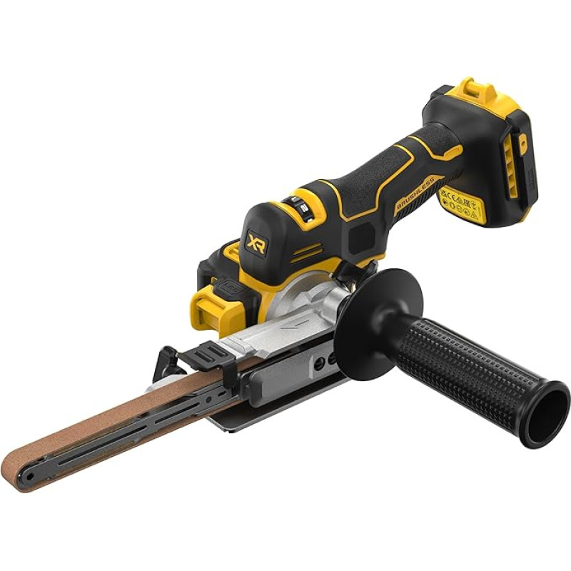 DEWALT DCM200N-XJ 18V XR akumuliatorinis juostinis pjūklas (457 x 13 mm juostos dydis, bešepetėlinis variklis, kintamas greitis, 2 šlifavimo rankenos, akumuliatorius ir įkroviklis neįtraukti)
