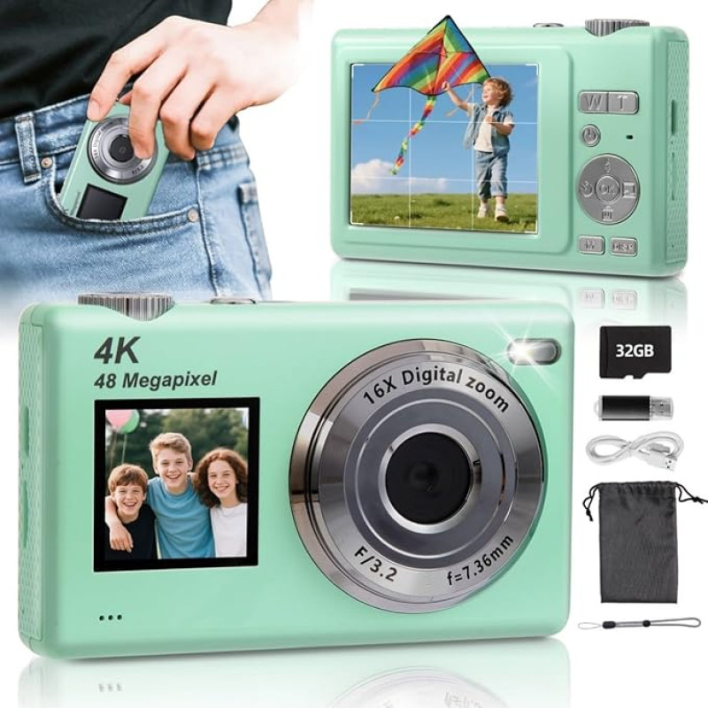 Skaitmeninis fotoaparatas su dvigubu ekranu, automatinio fokusavimo 4K 48MP vaizdo kamera su 32GB kortele, kompaktiškas fotoaparatas, 16x priartinimas, apsauga nuo drebėjimo, dovana vaikams, paaugliams, pradedantiesiems, Y5